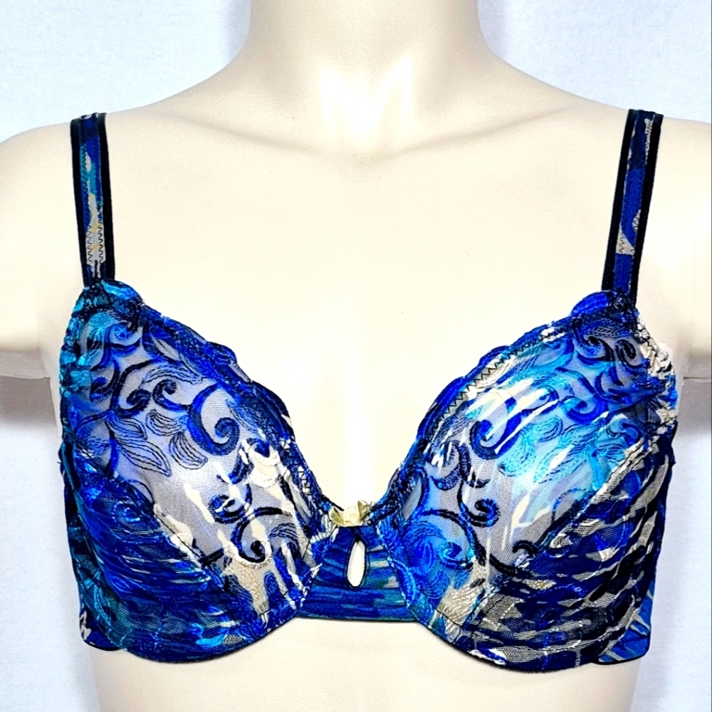 Lunaire Whimsy 19311 Honolulu Embroidered Lace Plunge Underwire Bra 32D Blue   N